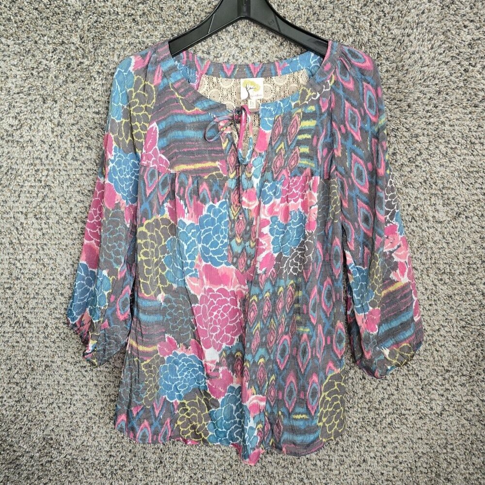 Fig & Flower Top Womens Plus 1X Blue Printed Semi Sheer‎ Neck Tie Blouse Ladies